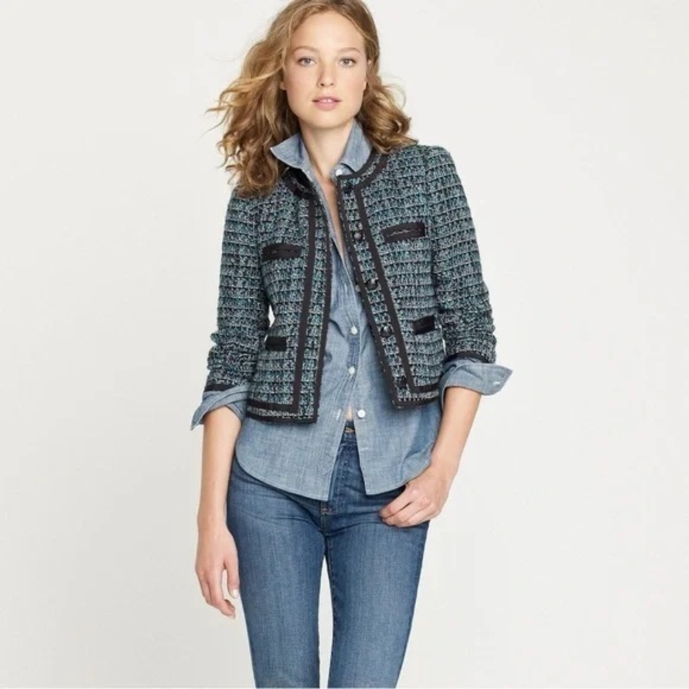 J. Crew Wool Blend Blazer Tweed Fanfare Peackock Green Lined size 0
